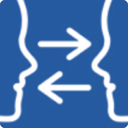 The Communication Access Symbol. Two linear drawings of faces against a blue background in profile facing each other with arrows in between them denoting two-way communication.