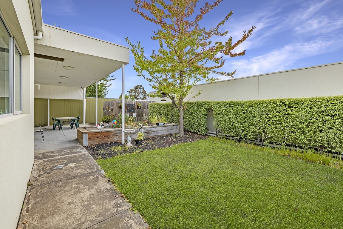 Backyard lawn with green hedging and an outdoor seating area