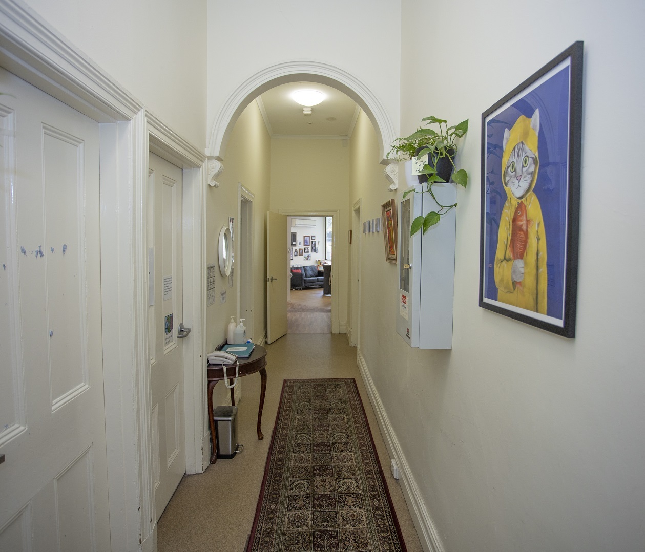 Hallway with wall art and ceiling light